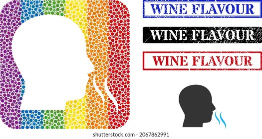 Dotted mosaic nose smell carved pictogram for LGBT, and grunge WINE FLAVOUR seals. Rectangle seals contain WINE FLAVOUR caption inside frames.
