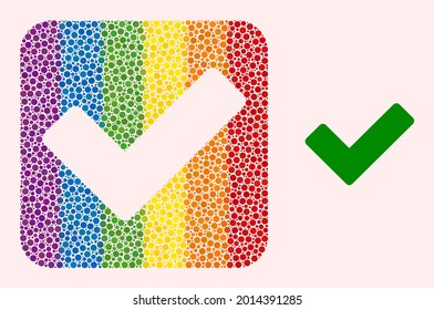 Dotted mosaic OK sign hole pictogram for LGBT. Colored rounded square mosaic is around OK sign carved shape. LGBT spectrum colors. Vector OK sign combination of spheric elements.