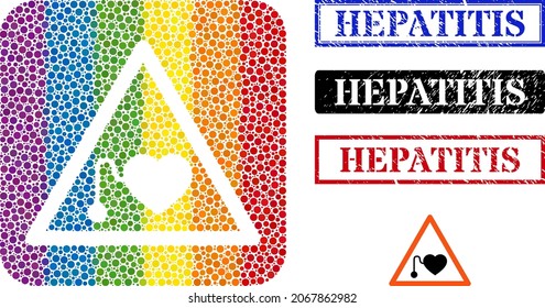 Dotted mosaic pacemaker warning stencil pictogram for LGBT, and grunge HEPATITIS seals. Rectangle stamp seals include HEPATITIS caption inside frames.