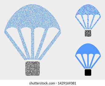 Dotted and mosaic parachute icons. Vector icon of parachute constructed of scattered spheric elements. Other pictogram is designed from rectangle elements.