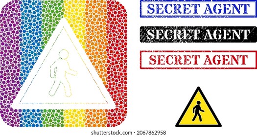 Dotted mosaic pedestrian man danger subtracted pictogram for LGBT, and grunge SECRET AGENT seal stamps. Rectangle stamps include SECRET AGENT title inside frames.