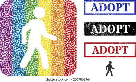 Dotted mosaic pedestrian man subtracted icon for LGBT, and grunge ADOPT seals. Rectangle stamp seals include ADOPT tag inside frames.