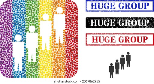 Dotted mosaic people queue subtracted icon for LGBT, and grunge HUGE GROUP seals. Rectangle stamp seals include HUGE GROUP title inside frames.