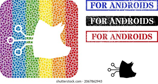 Dotted mosaic pig brain interface stencil icon for LGBT, and grunge FOR ANDROIDS seal stamps. Rectangle stamps contain FOR ANDROIDS caption inside frames.