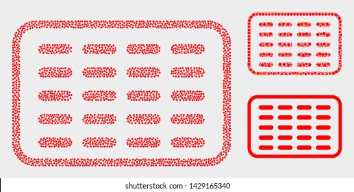 Dotted and mosaic pills blister icons. Vector icon of pills blister combined of random spheric elements. Other pictogram is created from elements.