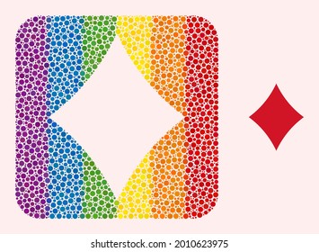 Dotted mosaic playing card diamond suit carved pictogram for LGBT. Rainbow colored rounded square collage is around playing card diamond suit carved shape. LGBT spectrum colors.