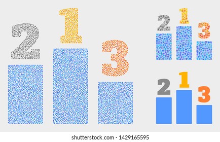 Dotted and mosaic prize places icons. Vector icon of prize places composed of scattered spheric elements. Other pictogram is organized from rectangle elements.