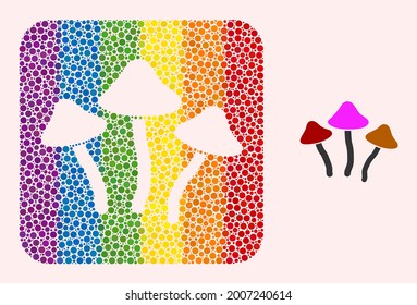 Dotted mosaic psychedelic mushrooms carved pictogram for LGBT. Rainbow colored rounded square mosaic is around psychedelic mushrooms stencil. LGBT rainbow colors.