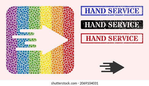 Dotted mosaic quick arrow hole icon for LGBT, and grunge HAND SERVICE stamps. Rectangle stamps include HAND SERVICE caption inside frames.