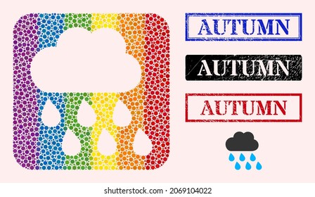 Dotted mosaic rain weather hole icon for LGBT, and grunge AUTUMN seals. Rectangle stamp seals include AUTUMN title inside frames. Colored rounded square mosaic is around rain weather carved shape.