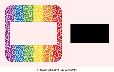 Dotted mosaic rectangle carved icon for LGBT. Multicolored rounded square mosaic is around rectangle carved shape. LGBT spectrum colors. Vector rectangle composition of round points.