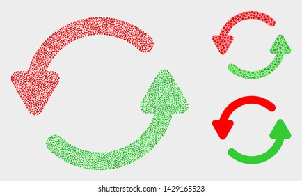 Dotted and mosaic refresh arrows icons. Vector icon of refresh arrows constructed with scattered circle elements. Other pictogram is formed from rectangle elements.