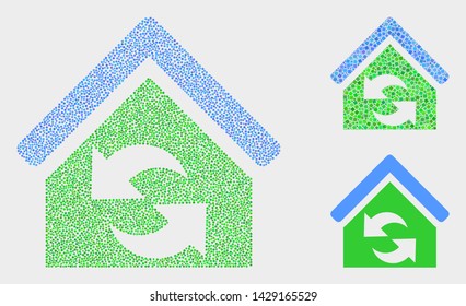 Dotted and mosaic refresh house icons. Vector icon of refresh house created of randomized spheric elements. Other pictogram is formed from small squares.