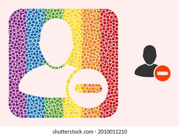 Dotted mosaic remove user hole pictogram for LGBT. Colorful rounded square mosaic is around remove user cut out shape. LGBT spectrum colors. Vector remove user composition of round points.