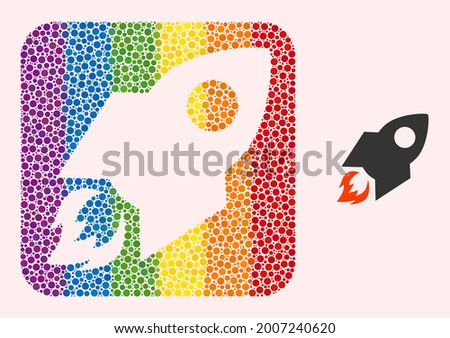 Dotted mosaic rocket flight subtracted pictogram for LGBT. Rainbow colored rounded rectangle mosaic is around rocket flight subtracted shape. LGBT rainbow colors.