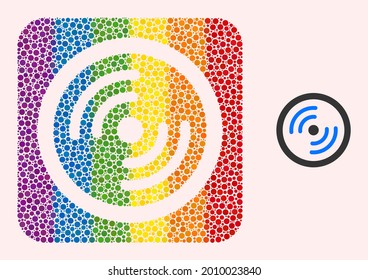 Dotted mosaic rotor rotation carved pictogram for LGBT. Rainbow colored rounded rectangle mosaic is around rotor rotation carved shape. LGBT rainbow colors.