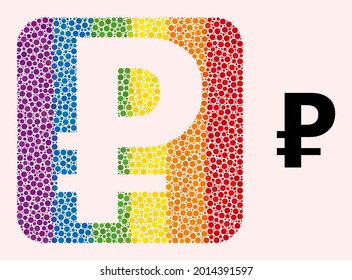 Icono del esténcil del rublo del mosaico punteado para LGBT. El mosaico cuadrado redondeado colorido se encuentra alrededor del espacio reducido en rublos. Colores del arcoiris LGBT. Combinación de puntos de esfera en rublos vectores.