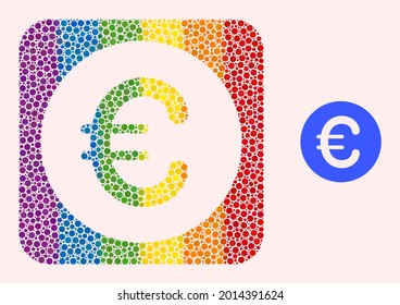 Gedottes Mosaik abgerundete Euro-Schablone für LGBT. Das mehrfarbige, abgerundete quadratische Mosaik ist rund um den Euro-Schablone. LGBT-Regenbogenfarben. Vektor abgerundete Euro-Kombination von Kreispunkten.