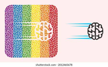 Dotted mosaic rush brain subtracted icon for LGBT. Multicolored rounded square mosaic is around rush brain subtracted space. LGBT spectrum colors. Vector rush brain combination of round spots.