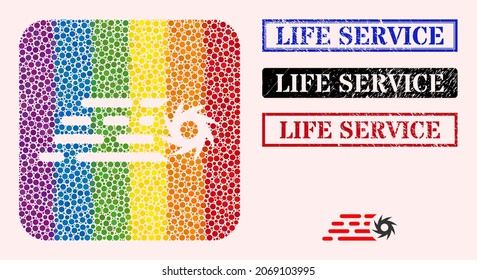 Dotted mosaic rush circular saw subtracted pictogram for LGBT, and grunge LIFE SERVICE badges. Rectangle stamp seals include LIFE SERVICE text inside frames.