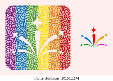 Dotted mosaic salute fireworks stencil pictogram for LGBT. Multicolored rounded square mosaic is around salute fireworks stencil. LGBT spectrum colors.