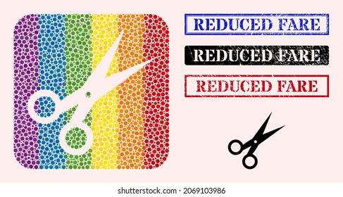 Dotted mosaic scissors hole pictogram for LGBT, and grunge REDUCED FARE seals. Rectangle stamp seals include REDUCED FARE title inside frames.