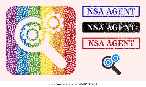 Dotted mosaic search engine subtracted icon for LGBT, and grunge NSA AGENT seal stamps. Rectangle stamp seals have NSA AGENT caption inside frames.