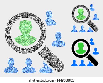 Dotted and mosaic search users icons. Vector icon of search users created of random round dots. Other pictogram is created from square dots.