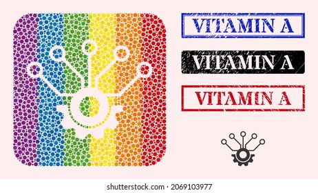 Dotted mosaic sensor hardware hole pictogram for LGBT, and grunge VITAMIN A seal stamps. Rectangle stamps contain VITAMIN A title inside frames.