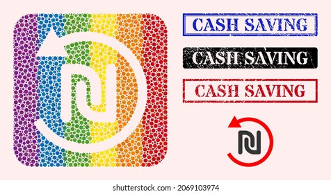 Dotted mosaic shekel refund hole pictogram for LGBT, and grunge CASH SAVING seal stamps. Rectangle stamps include CASH SAVING title inside frames.