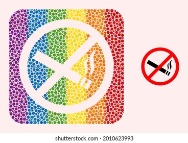 Dotted mosaic smoking forbidden carved pictogram for LGBT. Rainbow colored rounded square mosaic is around smoking forbidden subtracted space. LGBT rainbow colors.