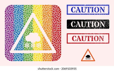 Dotted mosaic snow warning stencil pictogram for LGBT, and grunge CAUTION seals. Rectangle stamps have CAUTION caption inside frames. Colorful rounded rectangle mosaic is around snow warning stencil.