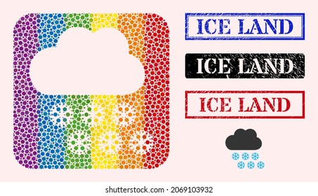 Dotted mosaic snow weather subtracted icon for LGBT, and grunge ICE LAND seals. Rectangle stamp seals have ICE LAND title inside frames.