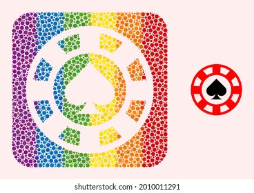 Dotted mosaic spades casino chip subtracted pictogram for LGBT. Rainbow colored rounded square mosaic is around spades casino chip subtracted space. LGBT rainbow colors.