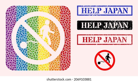 Dotted mosaic stop slavery subtracted icon for LGBT, and grunge HELP JAPAN seals. Rectangle stamp seals contain HELP JAPAN caption inside frames.
