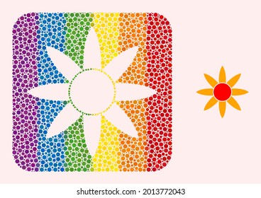 Dotted mosaic sun shine hole icon for LGBT. Multicolored rounded rectangle mosaic is around sun shine hole. LGBT spectrum colors. Vector sun shine combination of spheric spots.