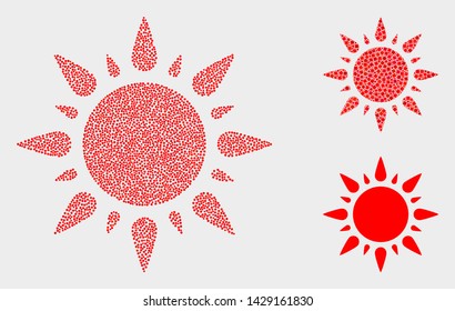 Dotted and mosaic sunshine icons. Vector icon of sunshine designed of irregular spheric items. Other pictogram is composed from square pixels.