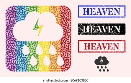 Dotted mosaic thunderstorm cloud hole icon for LGBT, and grunge HEAVEN stamps. Rectangle stamp seals include HEAVEN text inside frames.