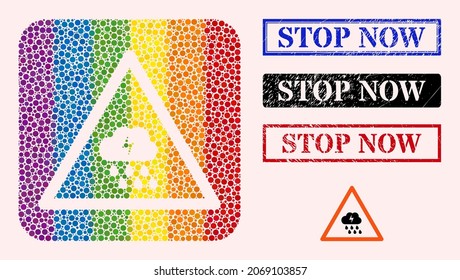 Dotted mosaic thunderstorm warning subtracted pictogram for LGBT, and grunge STOP NOW seals. Rectangle stamp seals include STOP NOW text inside frames.