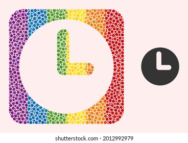 Dotted mosaic time hole pictogram for LGBT. Rainbow colored rounded square collage is around time stencil. LGBT rainbow colors. Vector time combination of sphere items.
