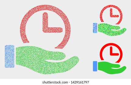 Dotted and mosaic time service hand icons. Vector icon of time service hand composed of scattered circle elements. Other pictogram is organized from square dots.