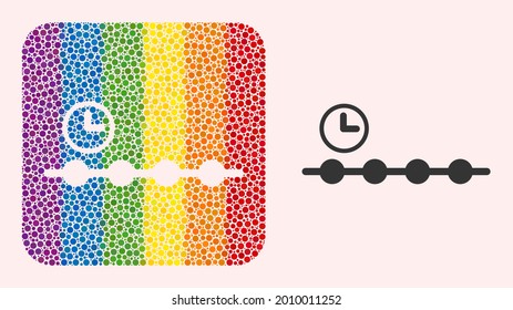 Dotted mosaic timeline subtracted icon for LGBT. Multicolored rounded rectangle mosaic is around timeline subtracted shape. LGBT spectrum colors. Vector timeline combination of sphere elements.