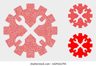 Dotted and mosaic tools gear icons. Vector icon of tools gear composed with irregular round items. Other pictogram is composed from square particles.