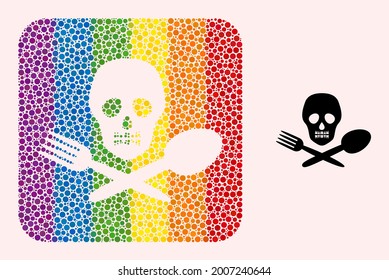 Dotted mosaic toxic food subtracted pictogram for LGBT. Rainbow colored rounded square mosaic is around toxic food subtracted shape. LGBT rainbow colors. Vector toxic food combination of round dots.