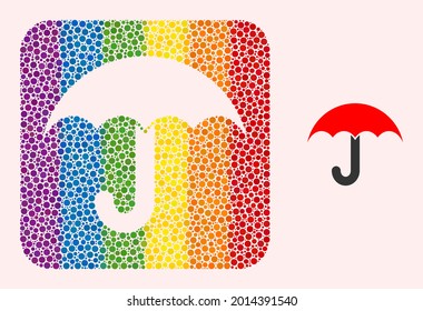 Dotted mosaic umbrella carved pictogram for LGBT. Rainbow colored rounded rectangle mosaic is around umbrella cut out shape. LGBT rainbow colors. Vector umbrella combination of round elements.