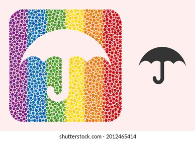 Dotted mosaic umbrella stencil icon for LGBT. Rainbow colored rounded rectangle mosaic is around umbrella cut out shape. LGBT rainbow colors. Vector umbrella composition of spheric points.