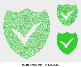 Dotted and mosaic valid shield icons. Vector icon of valid shield designed of irregular spheric dots. Other pictogram is combined from dots.