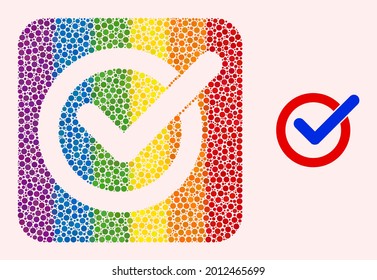Dotted mosaic vote tick subtracted icon for LGBT. Rainbow colored rounded square collage is around vote tick subtracted shape. LGBT rainbow colors. Vector vote tick combination of circle points.