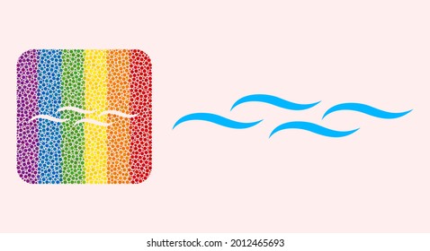 Dotted mosaic water surface hole icon for LGBT. Rainbow colored rounded rectangle mosaic is around water surface cut out shape. LGBT rainbow colors. Vector water surface composition of circle spots.