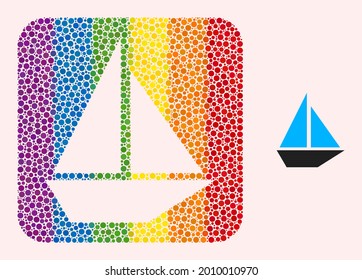 Dotted mosaic yacht stencil icon for LGBT. Colorful rounded rectangle mosaic is around yacht stencil. LGBT rainbow colors. Vector yacht combination of circle items.